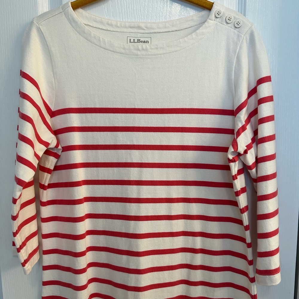 L L Bean White With Dark Pink Mariner Stripes Boatneck Cotton Dress Medium